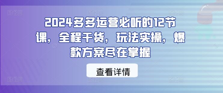 2024多多运营必听的12节课，全程干货，玩法实操，爆款方案尽在掌握-创博项目库