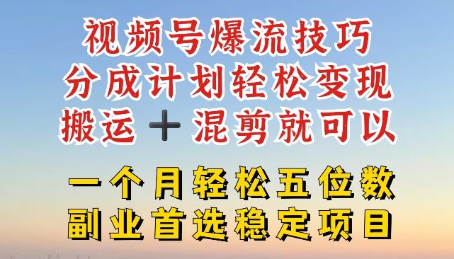 视频号爆流技巧，分成计划轻松变现，搬运 +混剪就可以，一个月轻松五位数稳定项目【揭秘】-创博项目库