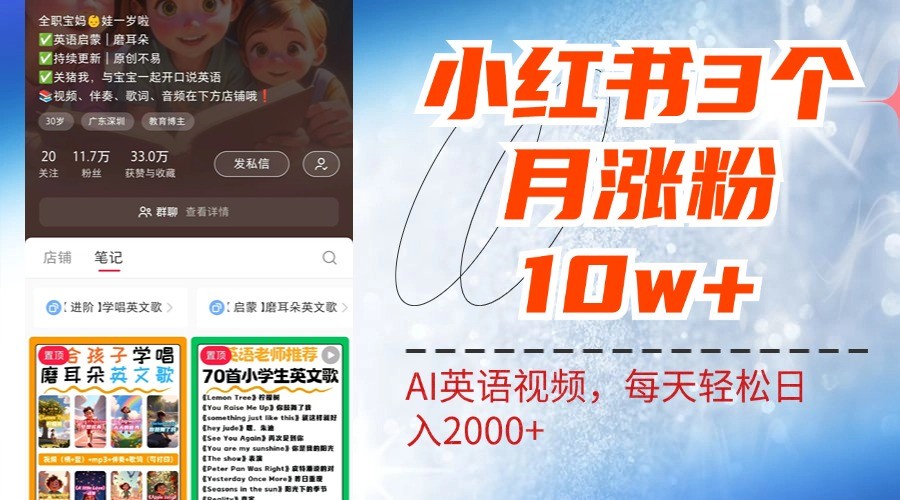 小红书三个月涨粉10W，AI英语视频0成本制作，每天轻松日入2000+-创博项目库